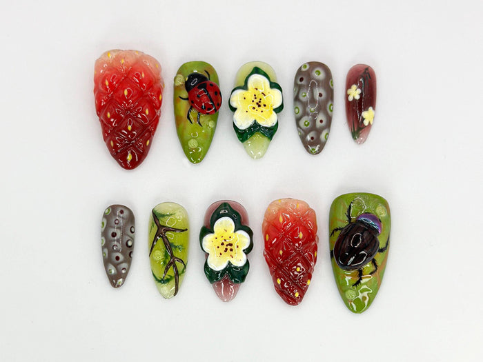 3D Strawberry, Ladybug & Flower Garden Press-On Nail Set