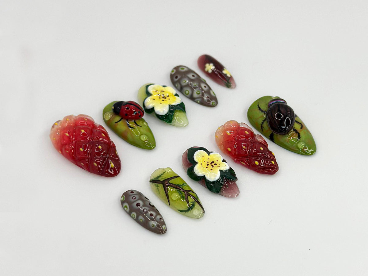 3D Strawberry, Ladybug & Flower Garden Press-On Nail Set