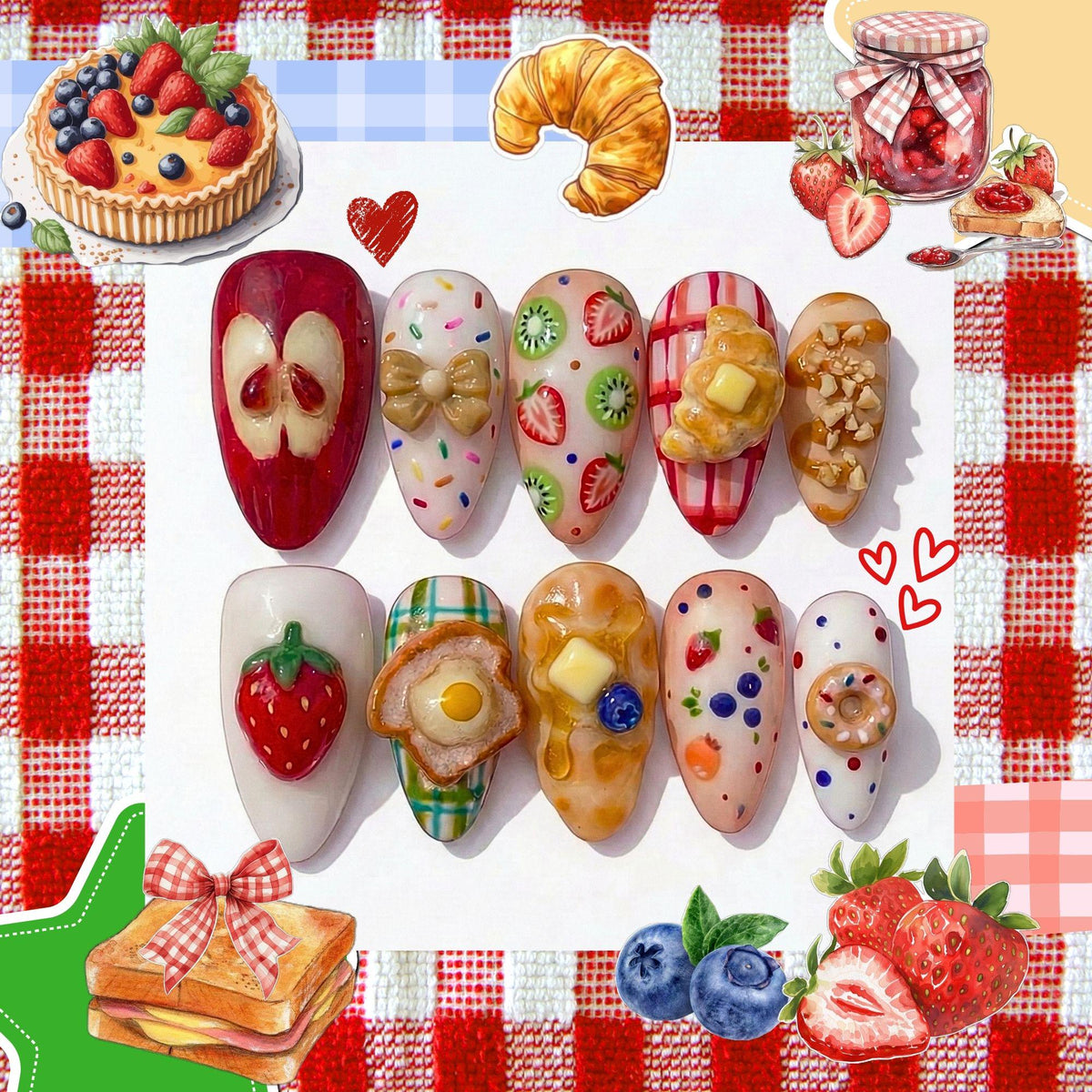 3D Strawberry, Pancake & Picnic Plaid Dessert Nail Set