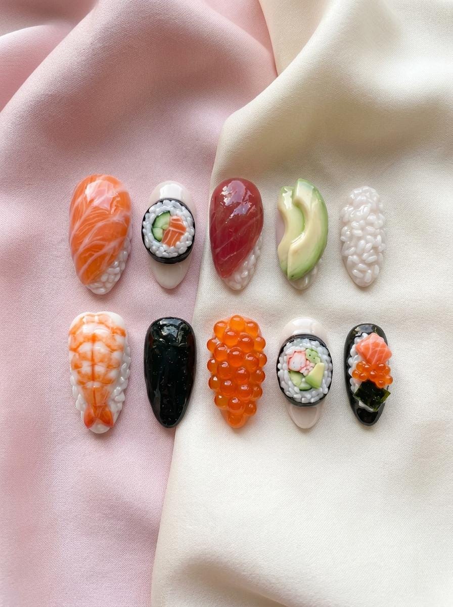 3D Sushi Press On Nails With Salmon, Shrimp, Roe, Maki, and Avocado