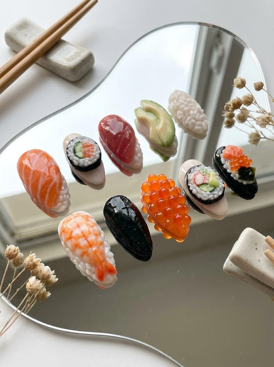 3D Sushi Press On Nails With Salmon, Shrimp, Roe, Maki, and Avocado