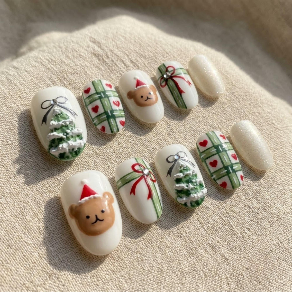 3D Teddy Bear and Christmas Tree Plaid Press On Nails