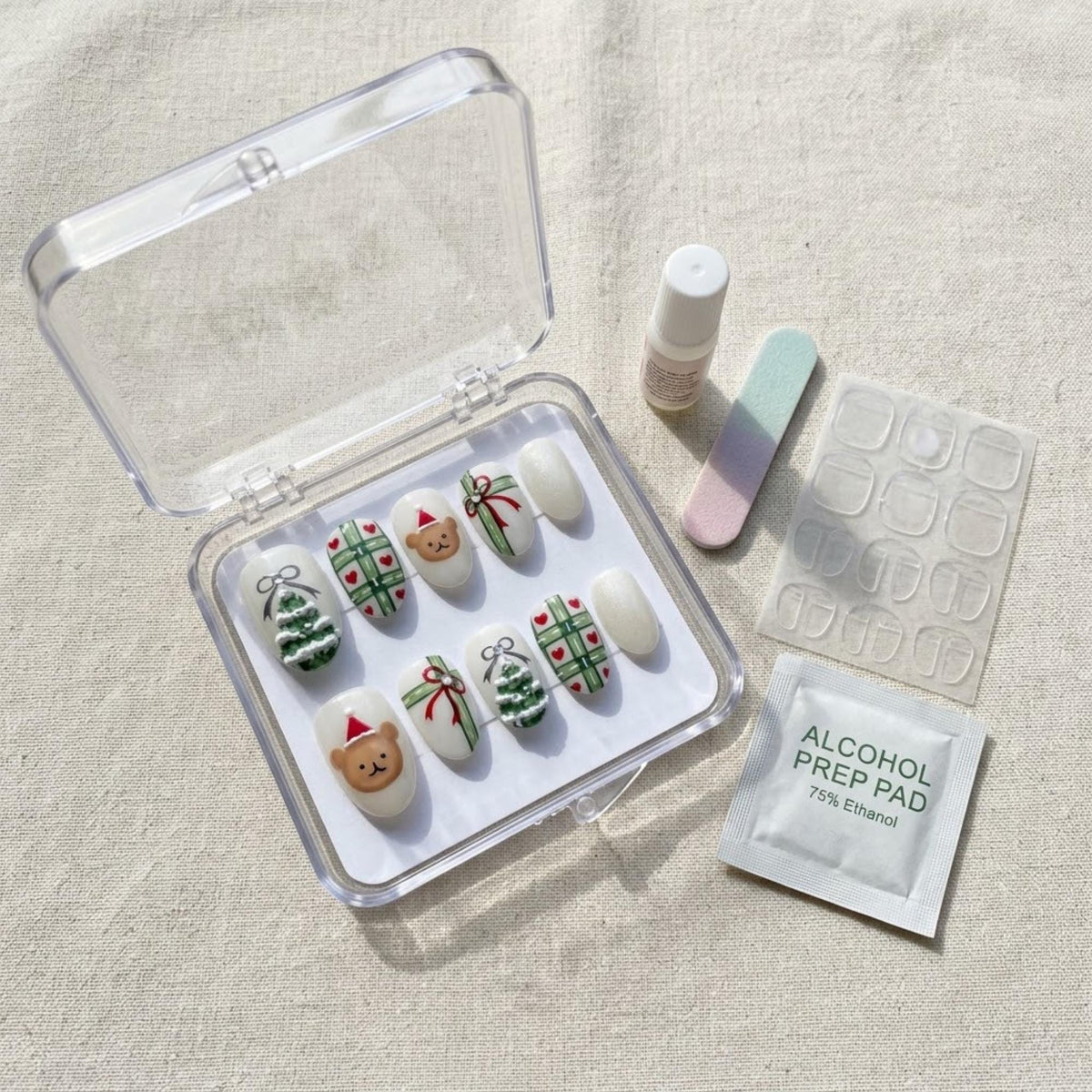 3D Teddy Bear and Christmas Tree Plaid Press On Nails