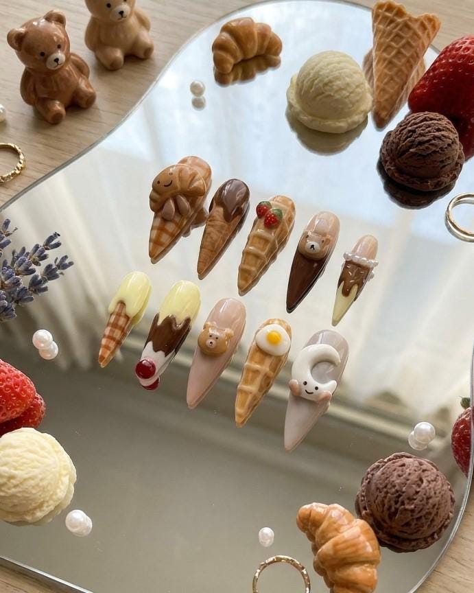 3D Teddy Bear and Ice Cream Cone Dessert Nails