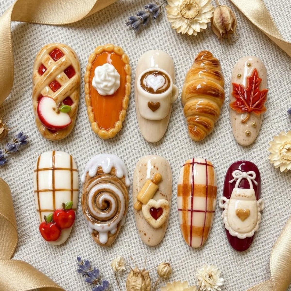 3D Thanksgiving Bakery Nail Set With Pies, Croissant, Coffee and Plaid
