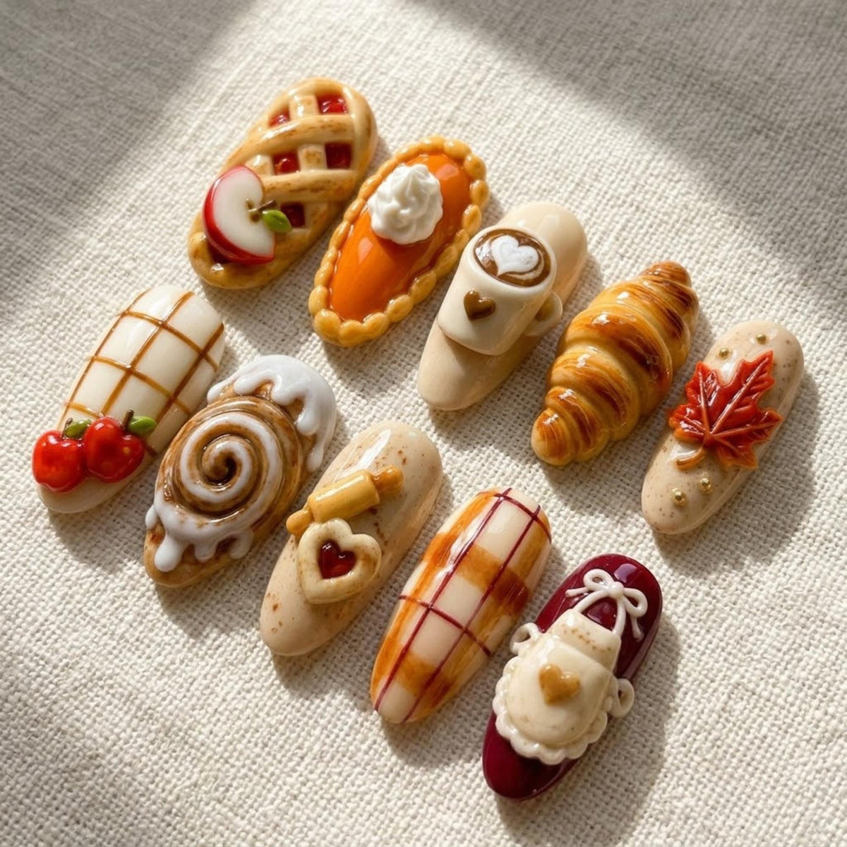 3D Thanksgiving Bakery Nail Set With Pies, Croissant, Coffee and Plaid