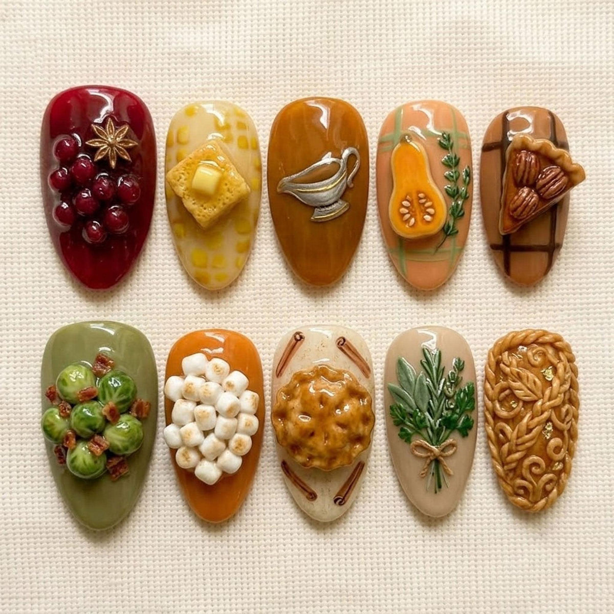 3D Thanksgiving Feast Press On Nails With Cranberries, Pie, Gravy, Corn and Squash