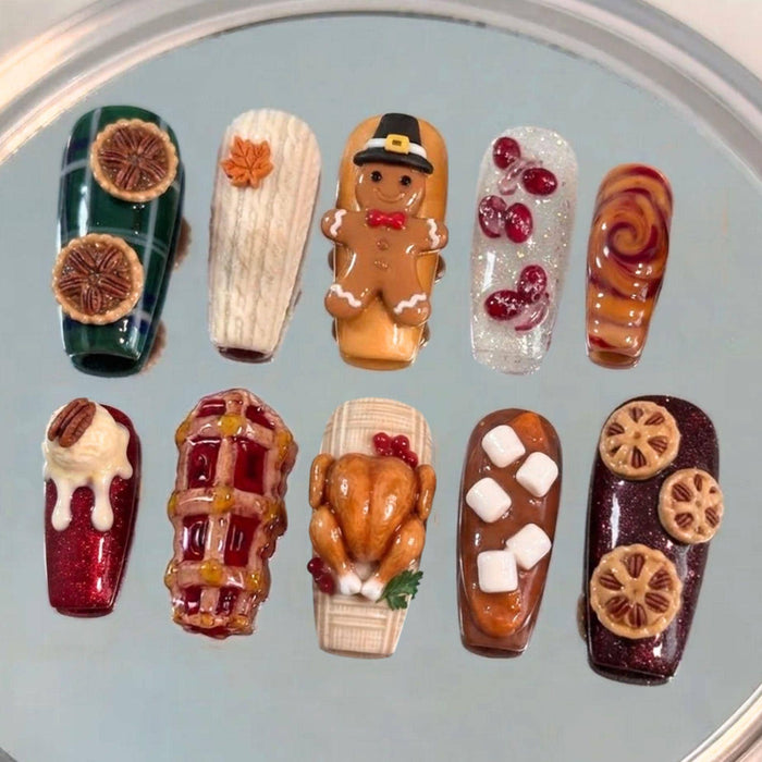 3D Thanksgiving Food Press On Nails with Turkey, Pie and Fall Details
