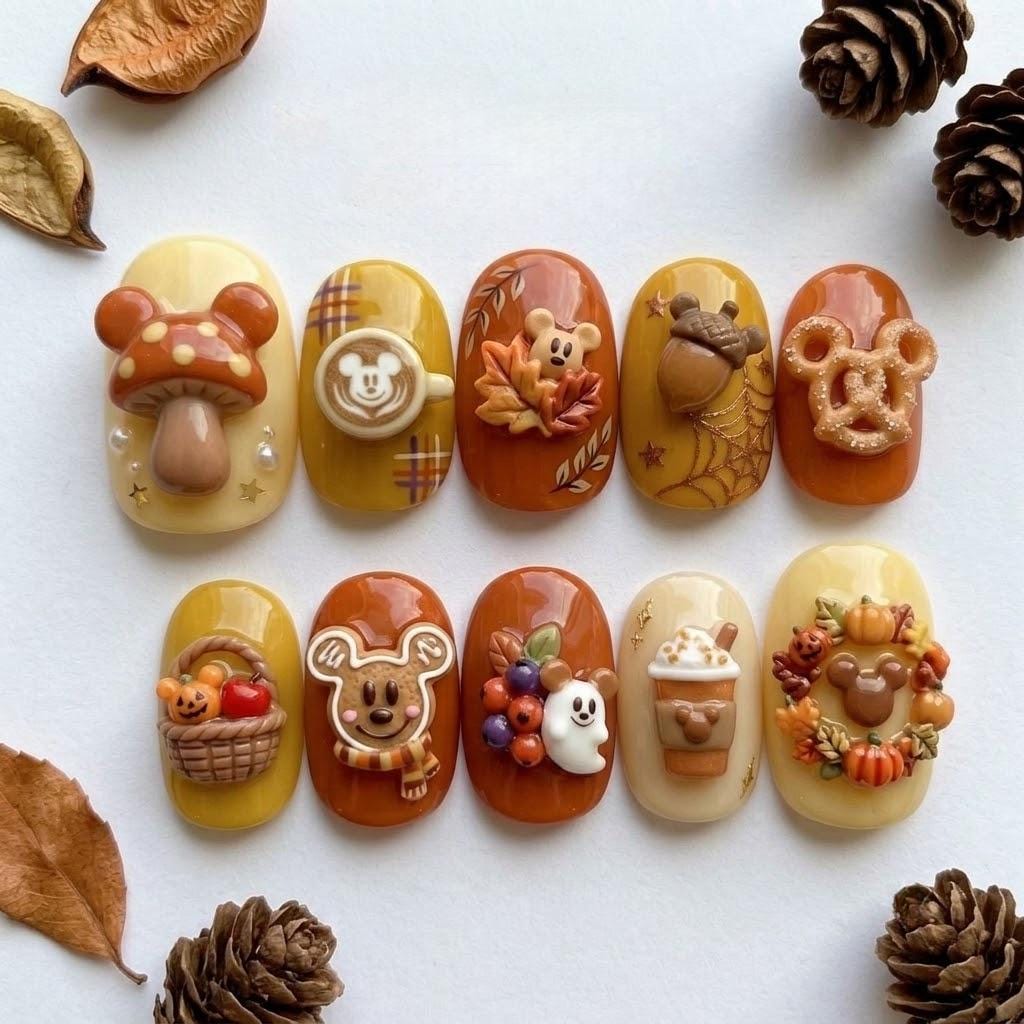 3D Thanksgiving Harvest Press On Nails With Plaid, Mushrooms, Pumpkins, and Mouse-Inspired Details