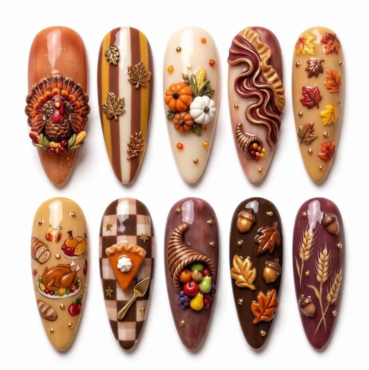 3D Thanksgiving Harvest Press On Nails With Turkey, Pumpkins, Pie and Cornucopia