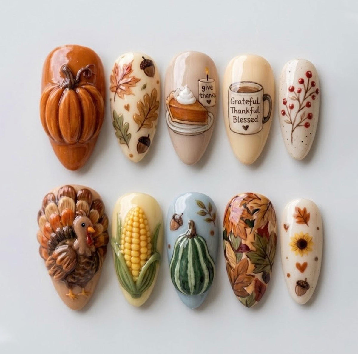 3D Thanksgiving Harvest Press-On Nails With Turkey, Pumpkins and Autumn Details