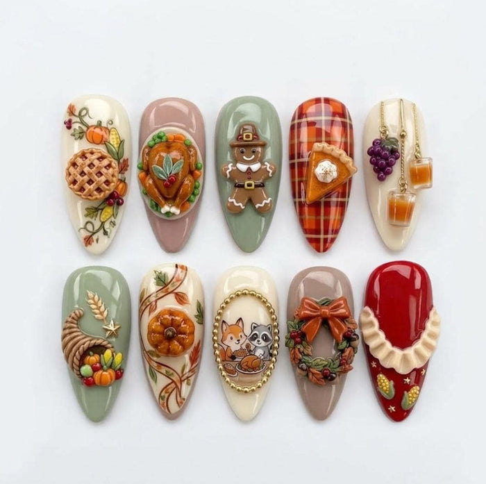 3D Thanksgiving Harvest Press On Nails With Turkey, Pumpkins, Pie and Plaid