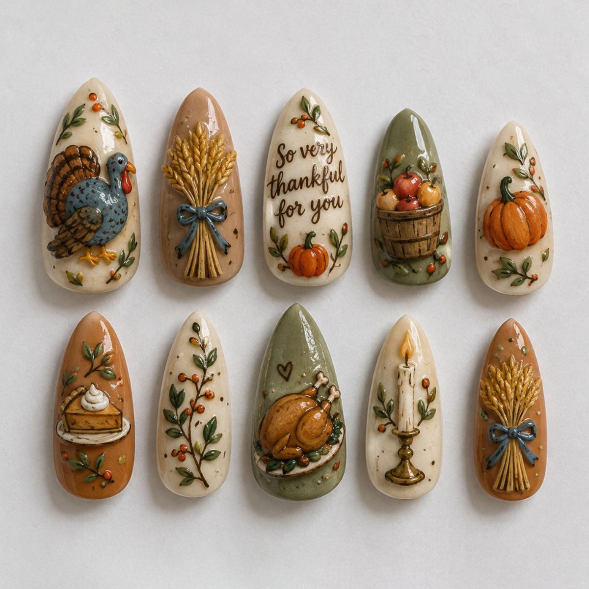 3D Thanksgiving Harvest Press-On Nails With Turkey, Pumpkin Pie and Autumn Motifs