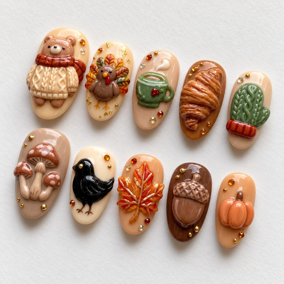 3D Thanksgiving Nail Set With Turkey, Bear, Pumpkin, Maple Leaf and Fall Accents