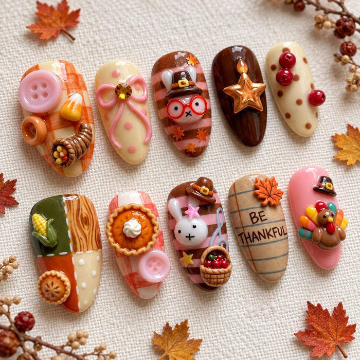 3D Thanksgiving Press On Nails With Turkey, Pie, Plaid and Harvest Accents
