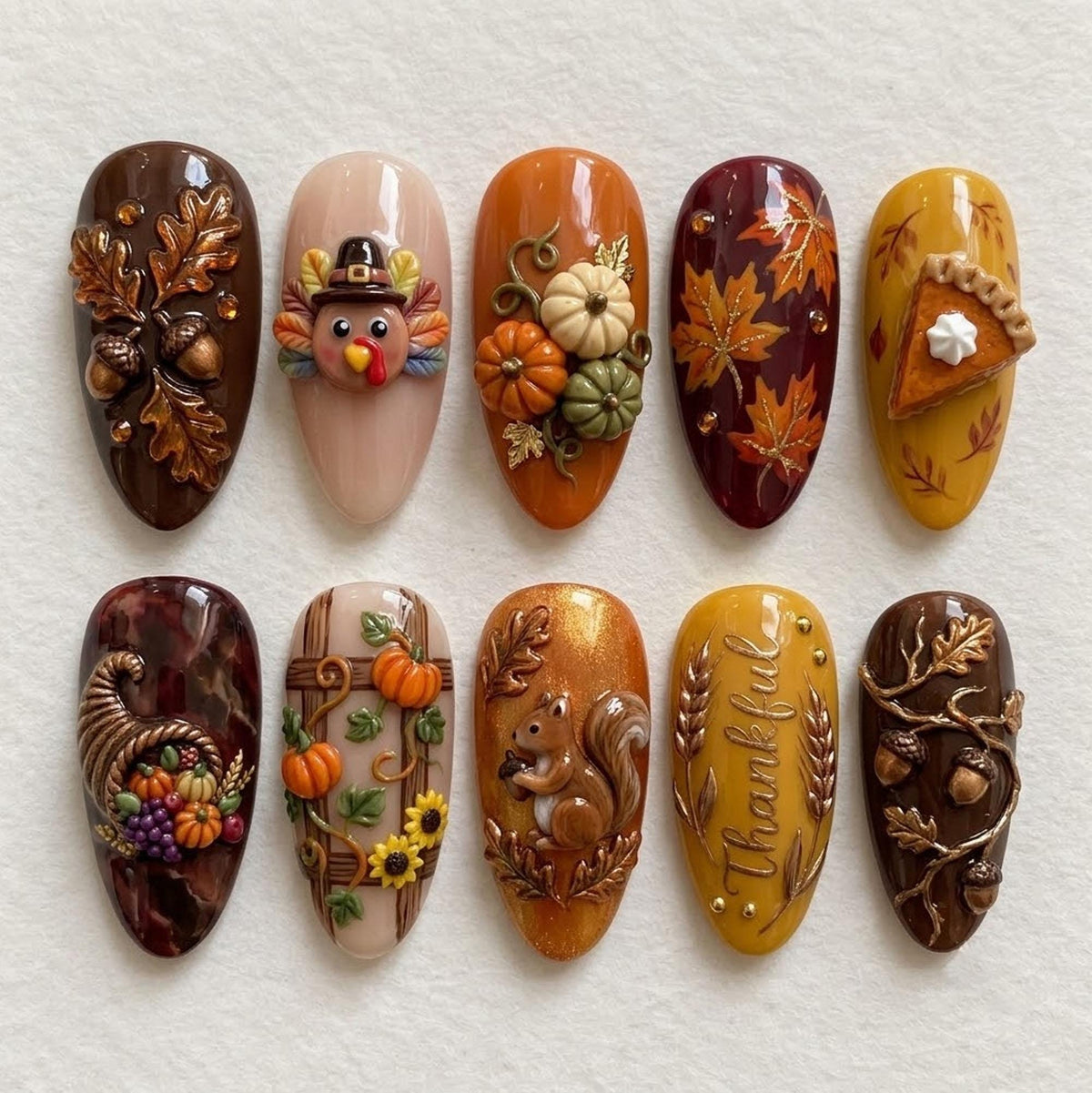 3D Thanksgiving Press-On Nails With Turkeys, Pumpkins, Acorns, and Autumn Leaves