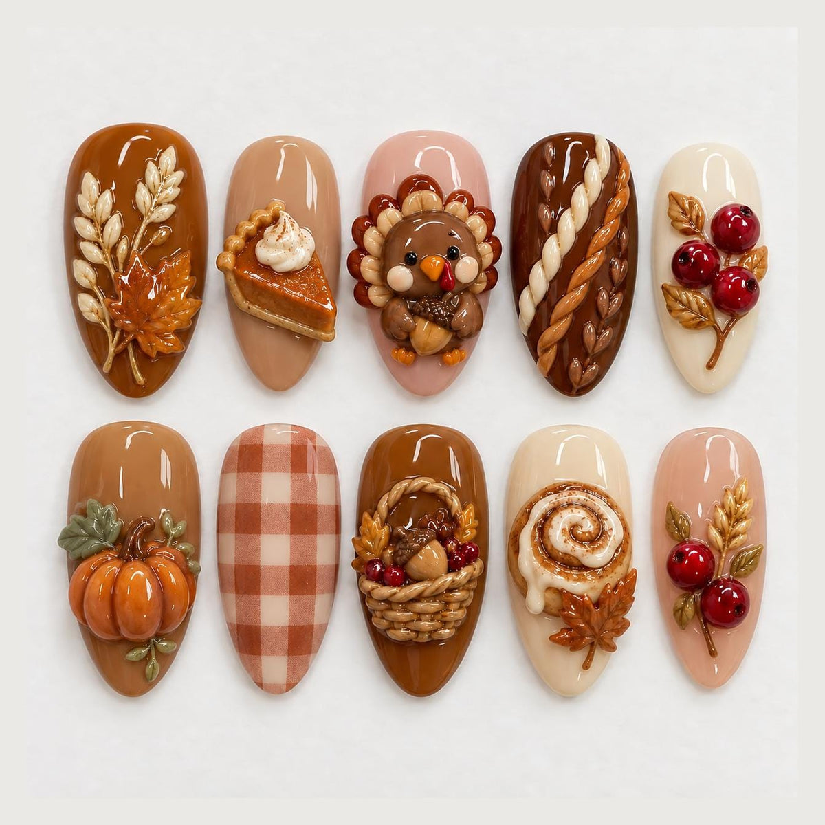 3D Thanksgiving Turkey, Pumpkin Pie, Wheat & Gingham Nail Set