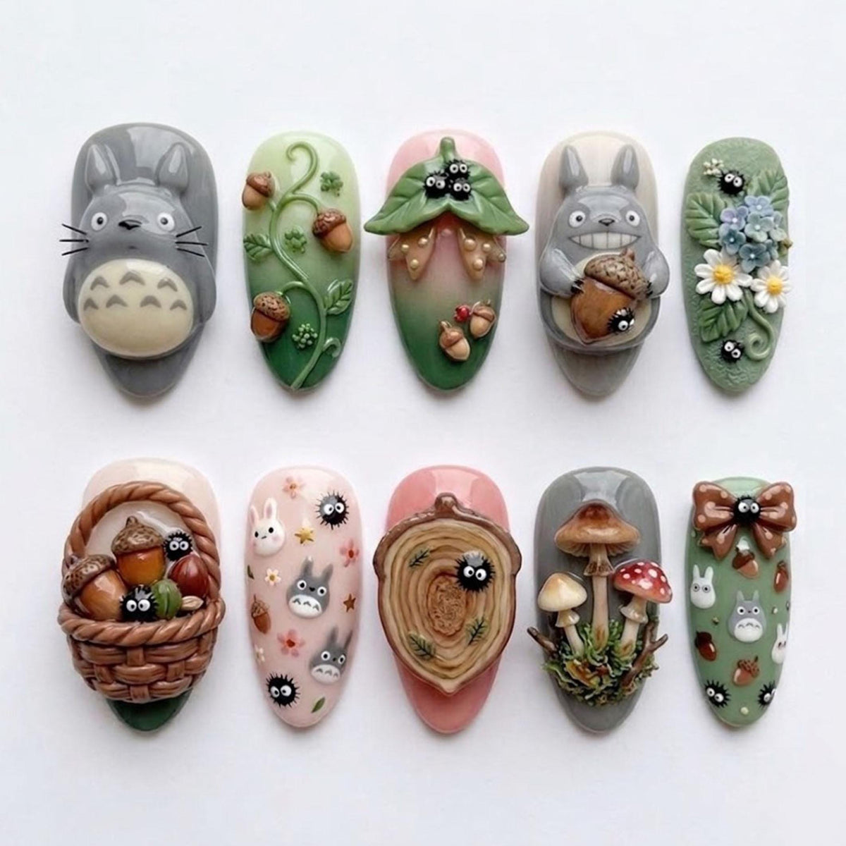 3D Totoro-Inspired Forest Press-On Nails With Soot Sprites, Mushrooms and Acorns