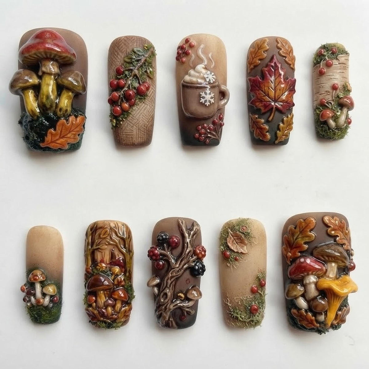 3D Woodland Mushroom and Berry Autumn Forest Nail Set
