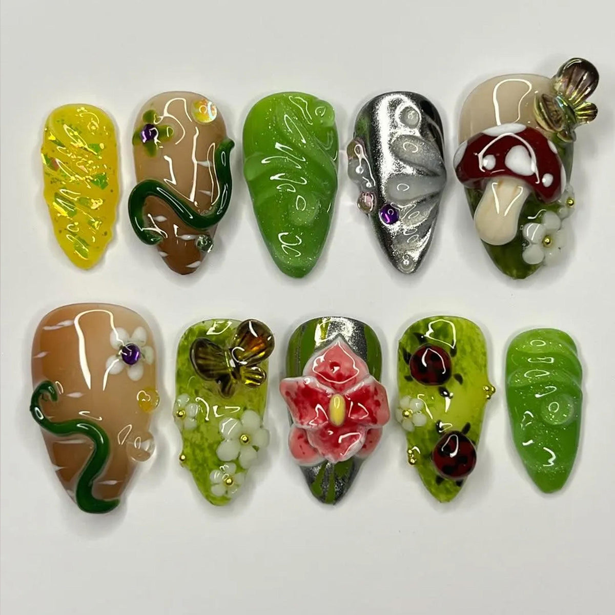 3D Woodland Mushroom, Flower and Ladybug Nail Set