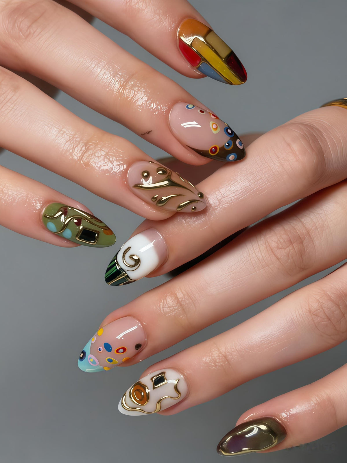 Abstract Swirl Press On Nails with Gold Lines and Colorful Dots