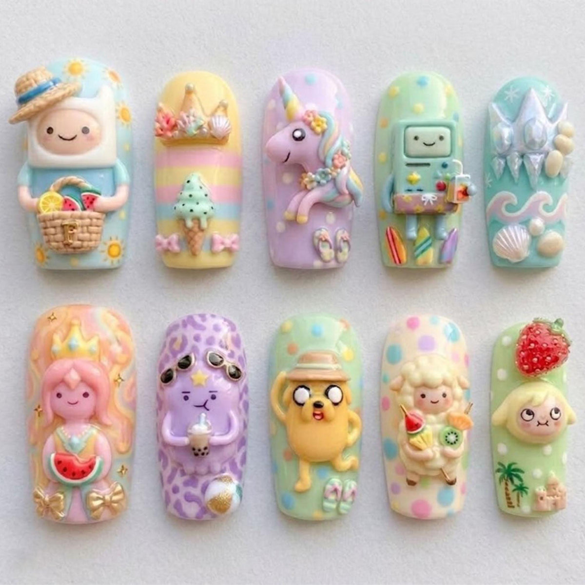 Adventure Time Pastel 3D Summer Press-On Nail Set With Cartoon Charms