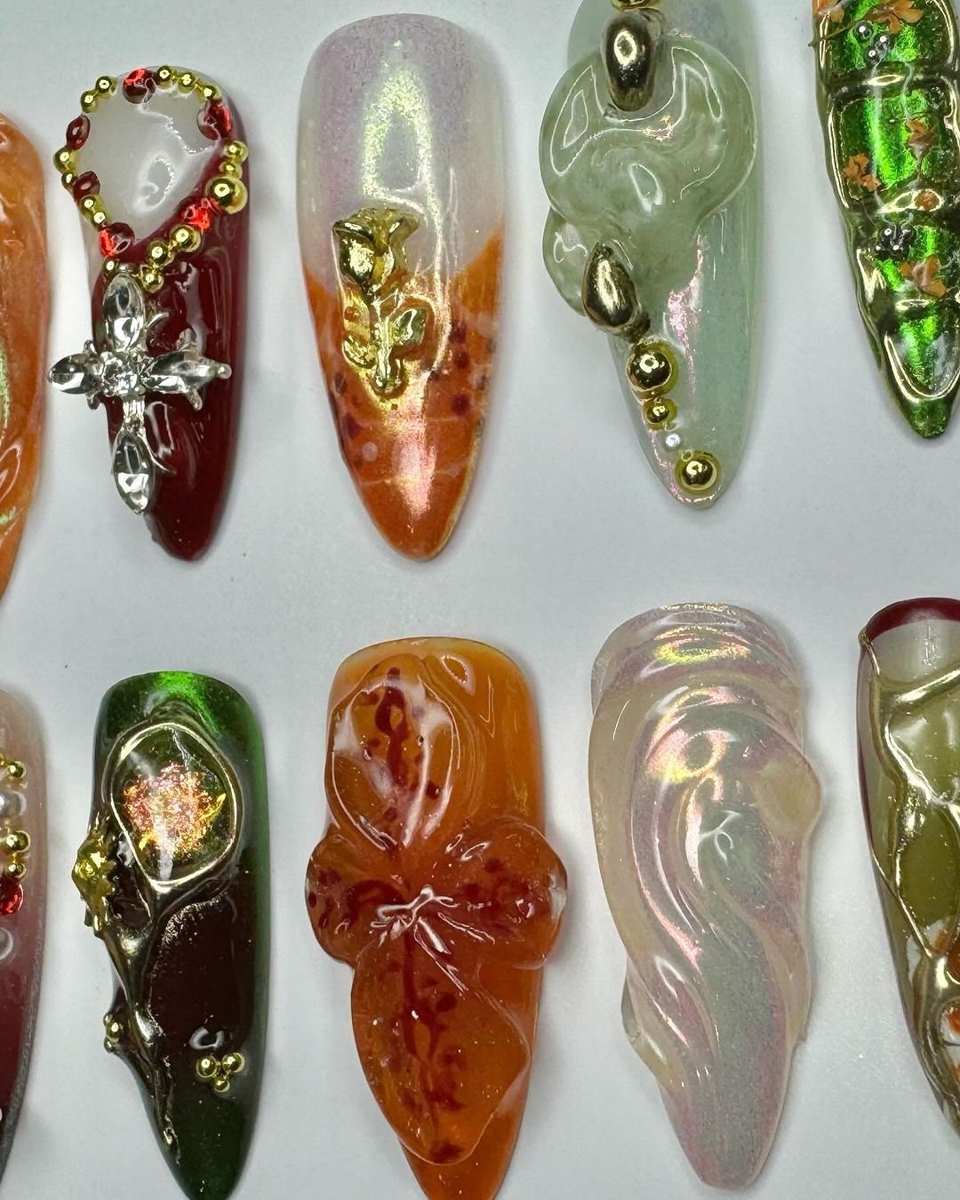 Amber and Botanical Fairycore Press-On Nail Set With Raised Flowers, Bow Detail and Charms