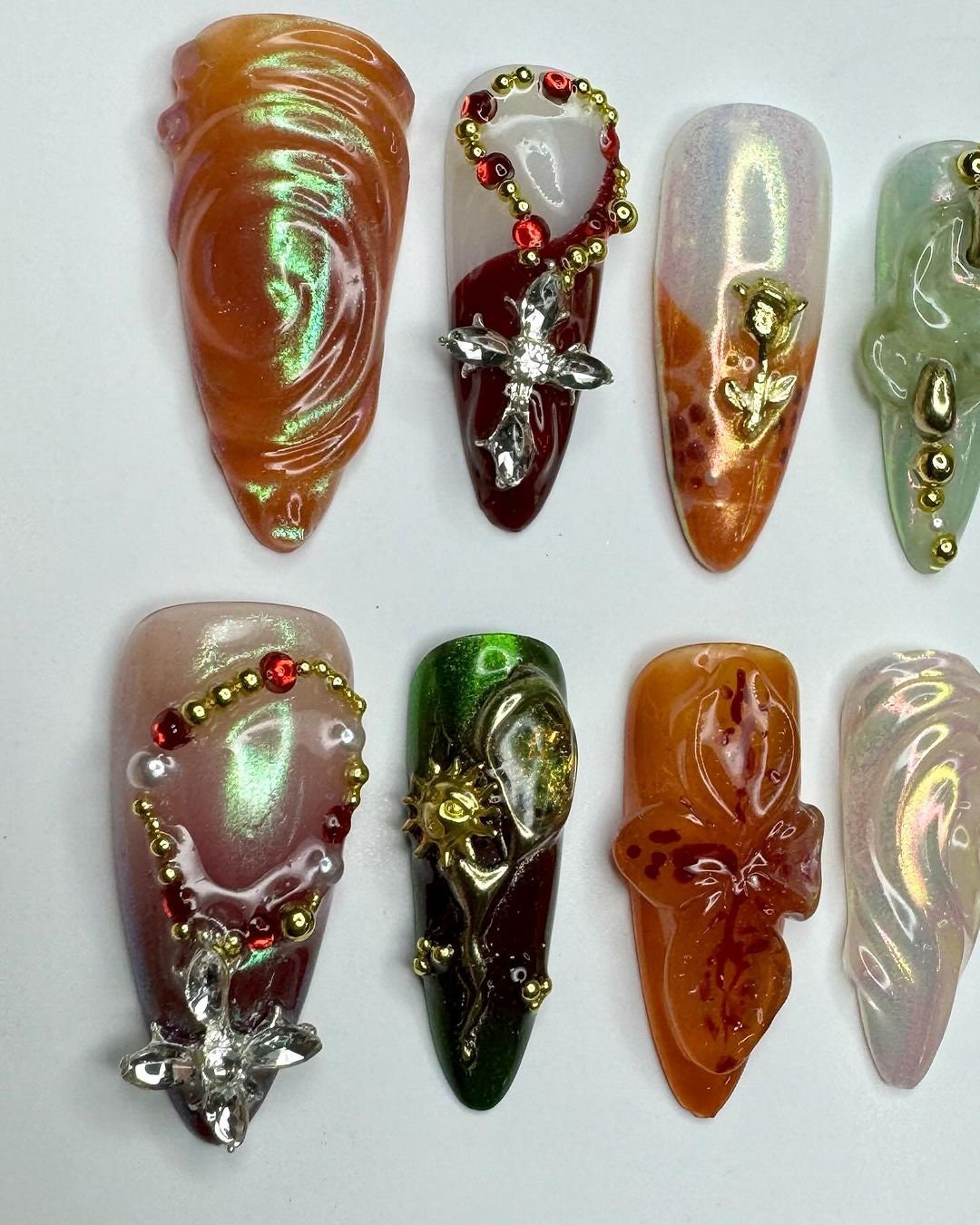 Amber and Botanical Fairycore Press-On Nail Set With Raised Flowers, Bow Detail and Charms