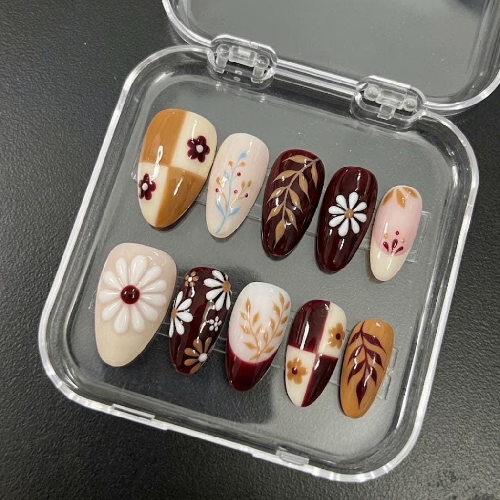 Amber Brown and Burgundy Fall Checkered Daisy Press On Nails