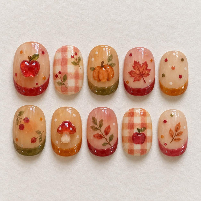 Amber Jelly Fall Harvest Press On Nails with Mushrooms, Pumpkins and Plaid