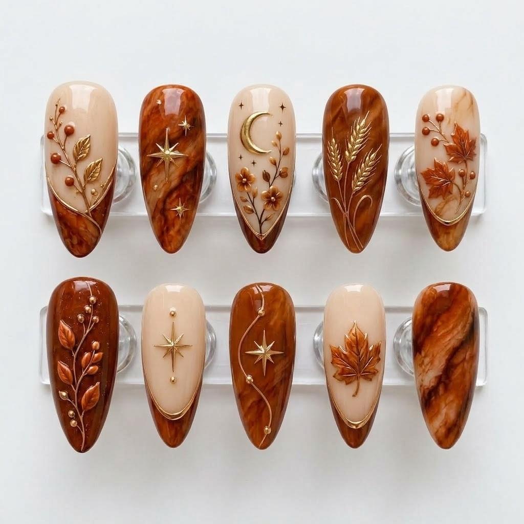 Amber Marble Fall Nails With Gold Leaves, Wheat, Stars and Crescent Moon