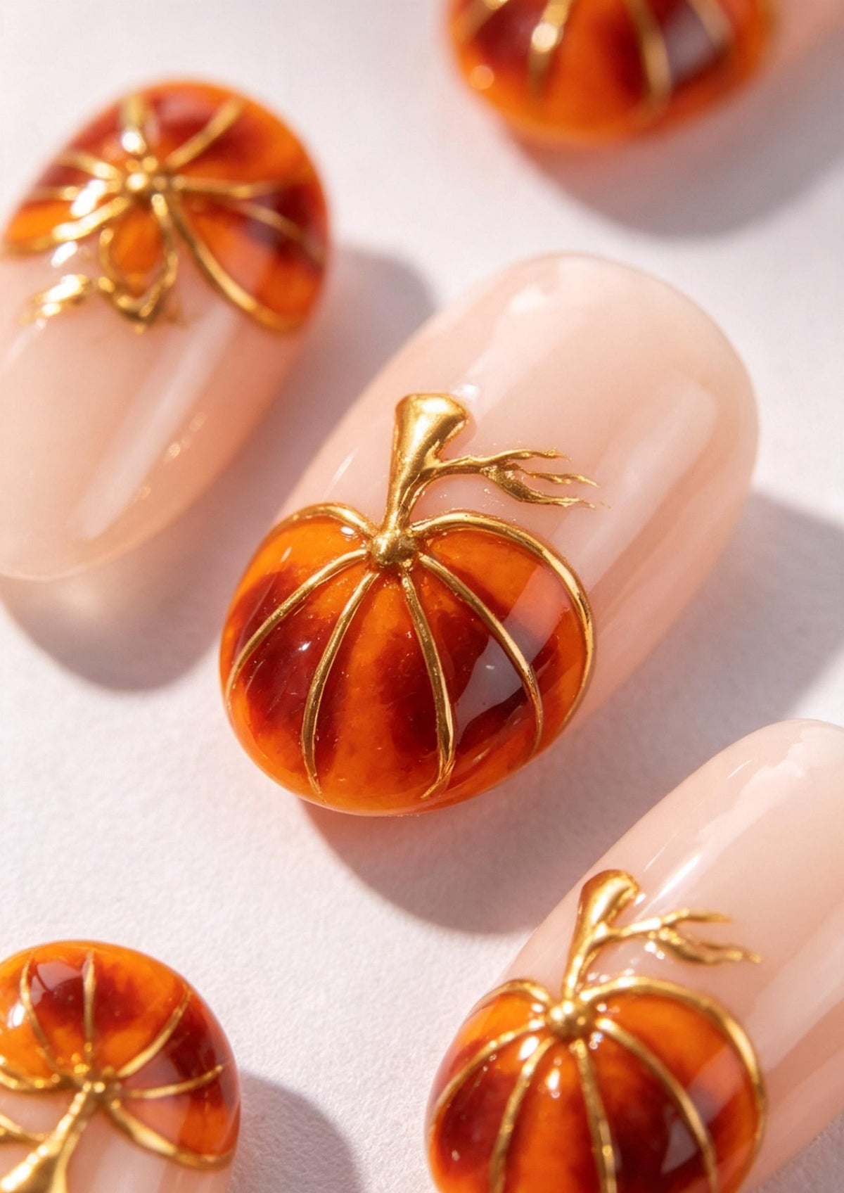 Amber Pumpkin Press On Nails With Gold Metallic Details