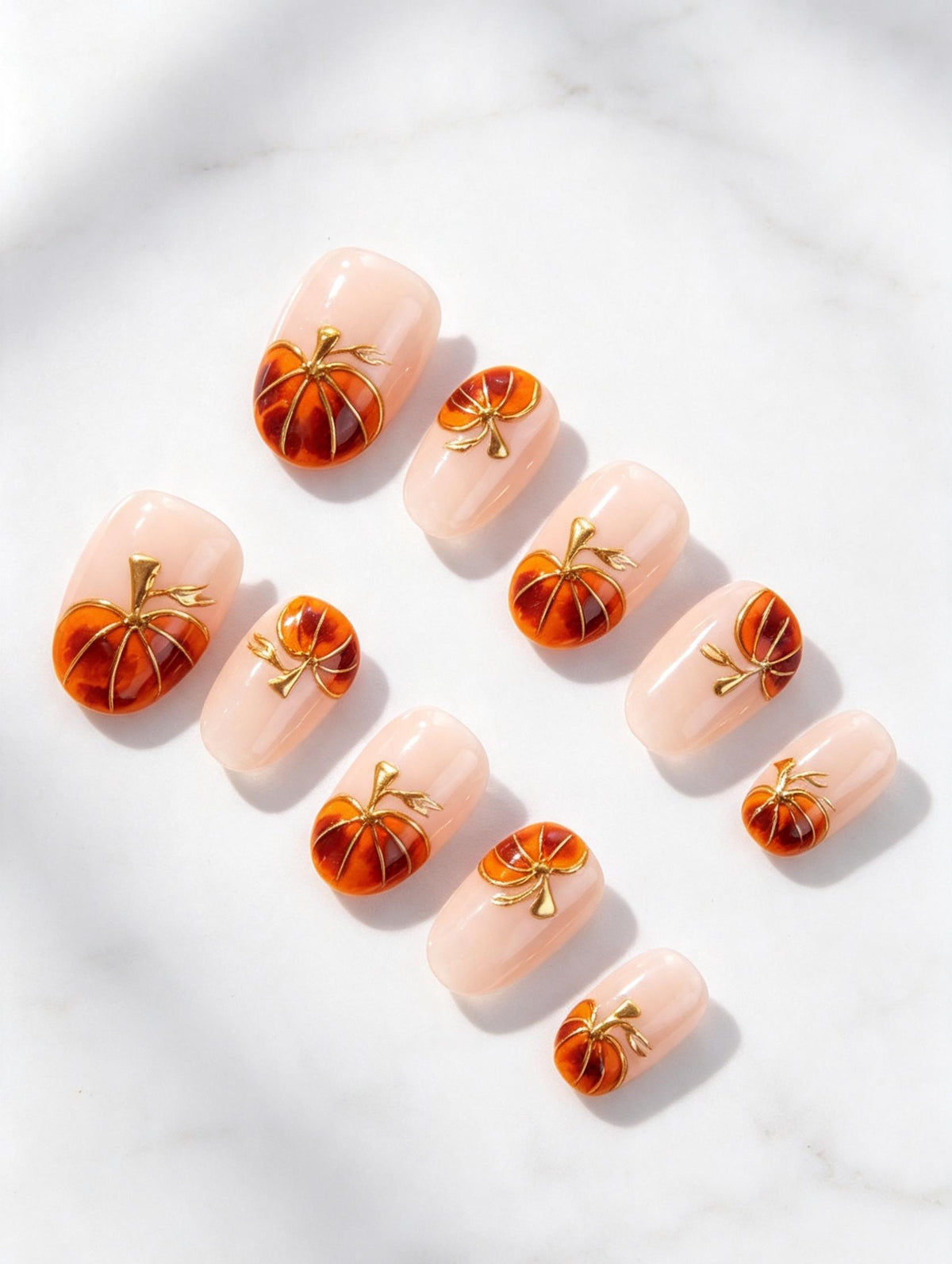 Amber Pumpkin Press On Nails With Gold Metallic Details