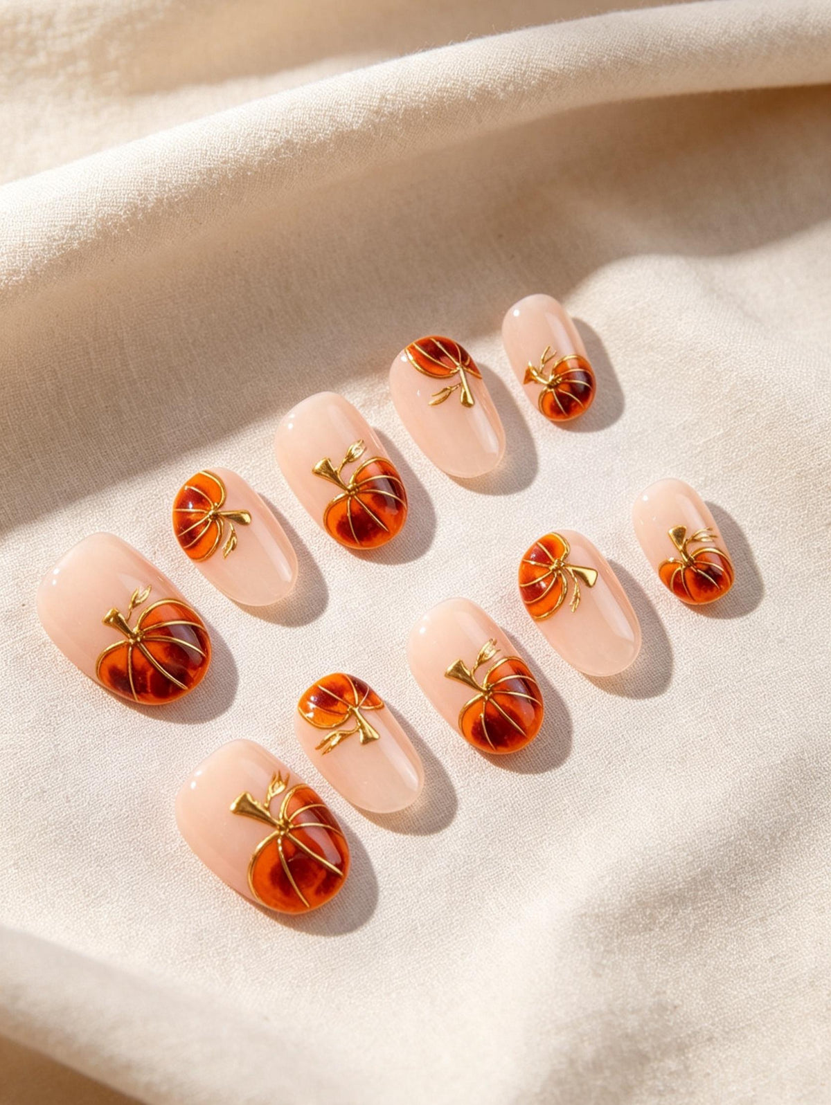Amber Pumpkin Press On Nails With Gold Metallic Details