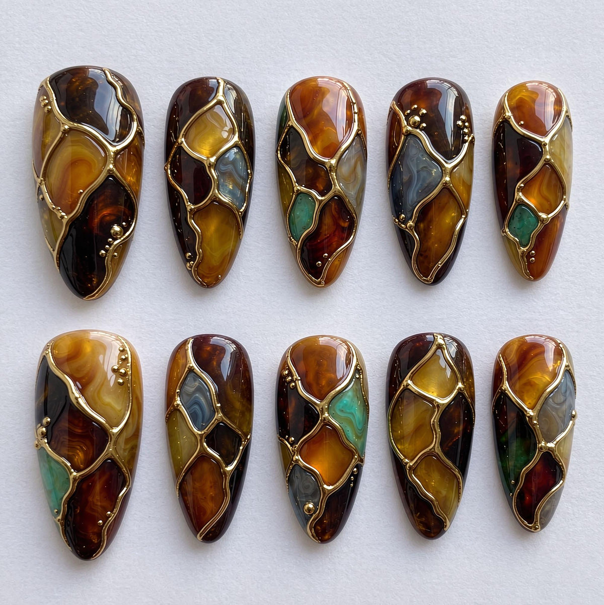 Amber Tortoiseshell Mosaic Press-On Nails With Gold Outlines