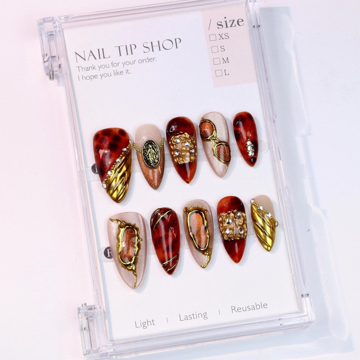 Amber Tortoiseshell Press On Nails With Gold Frames and Rhinestones