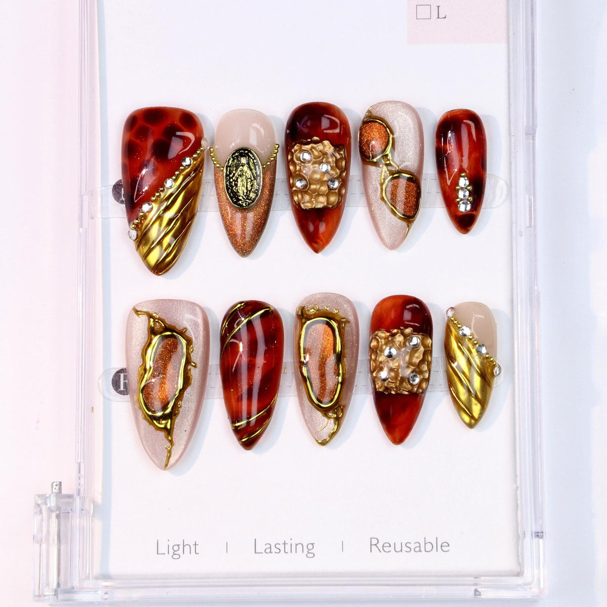 Amber Tortoiseshell Press On Nails With Gold Frames and Rhinestones