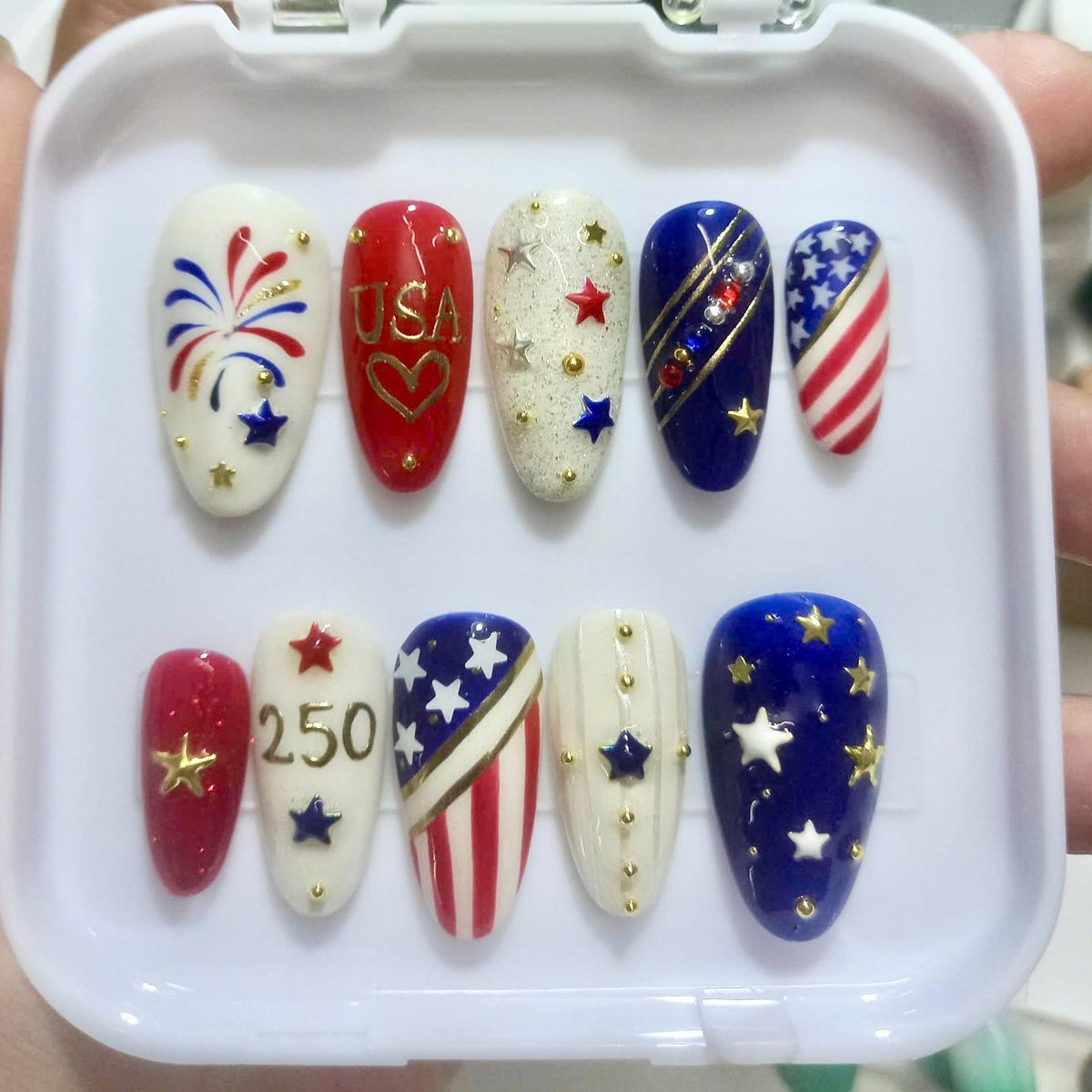 American 250th Anniversary Press-On Nails With Flags, Fireworks and Gold Details