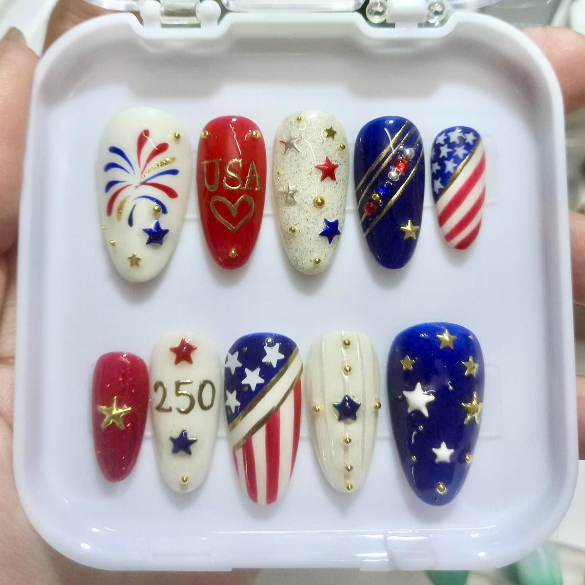 American 250th Anniversary Press-On Nails With Flags, Fireworks and Gold Details