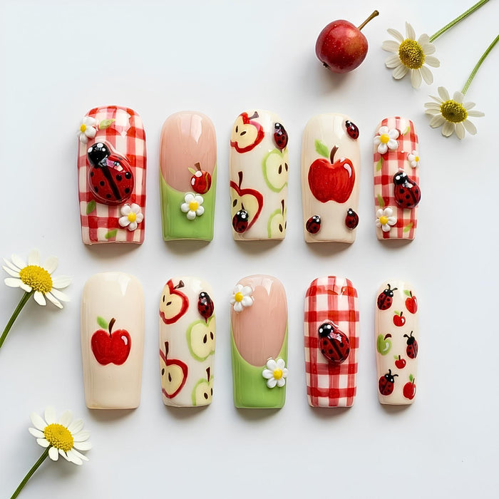 Apple and Ladybug Gingham Press On Nails with Daisies
