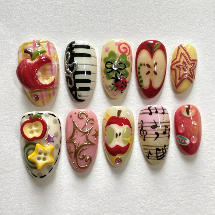 Apple and Piano Music Press On Nail Set with Raised Fruit, Notes and Gold Swirls