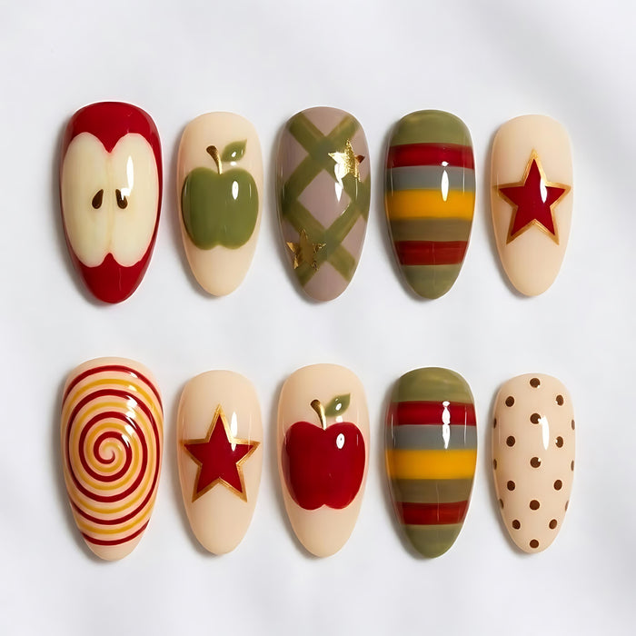 Apple and Plaid Fall Press On Nail Set with Red Stars and Autumn Stripes