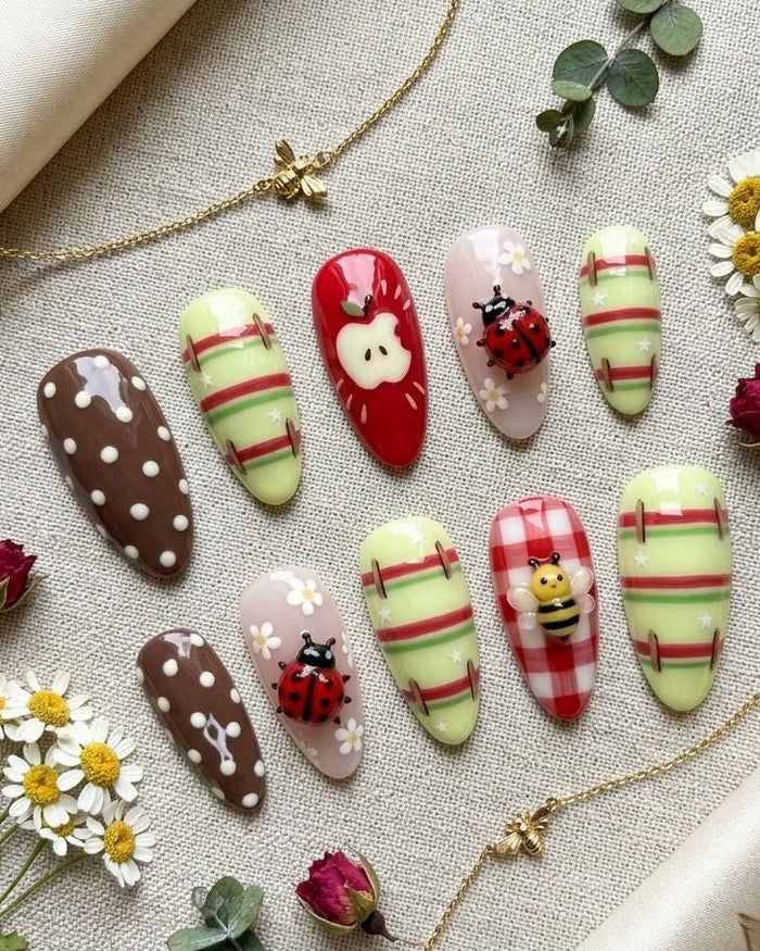 Apple, Ladybug & Bee Press On Nail Set With Gingham, Plaid and Floral Details