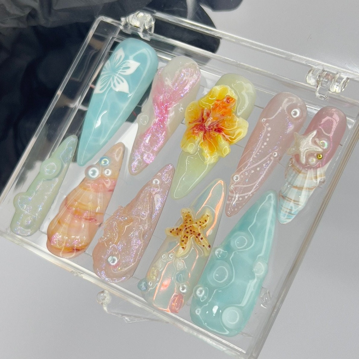 Aqua and Pastel Sea Fairy Press-On Nails with 3D Flower, Starfish and Shell Details