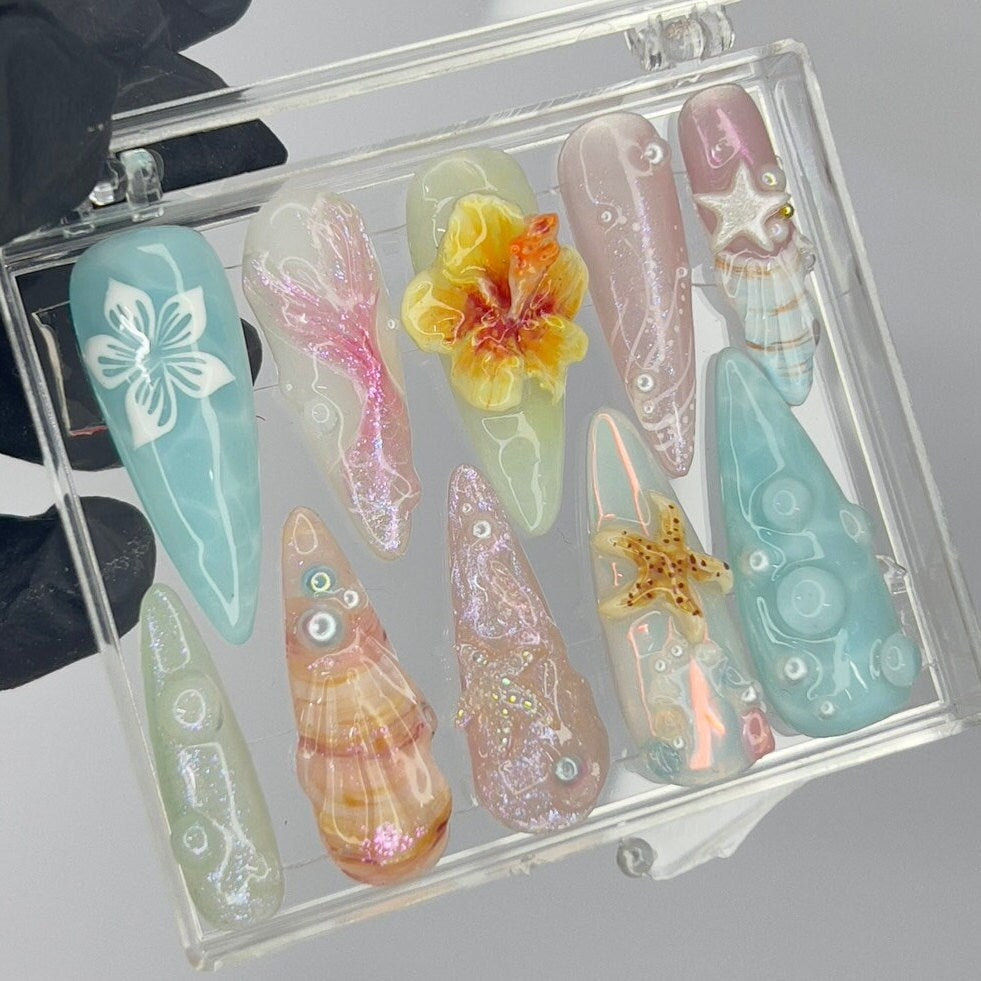 Aqua and Pastel Sea Fairy Press-On Nails with 3D Flower, Starfish and Shell Details