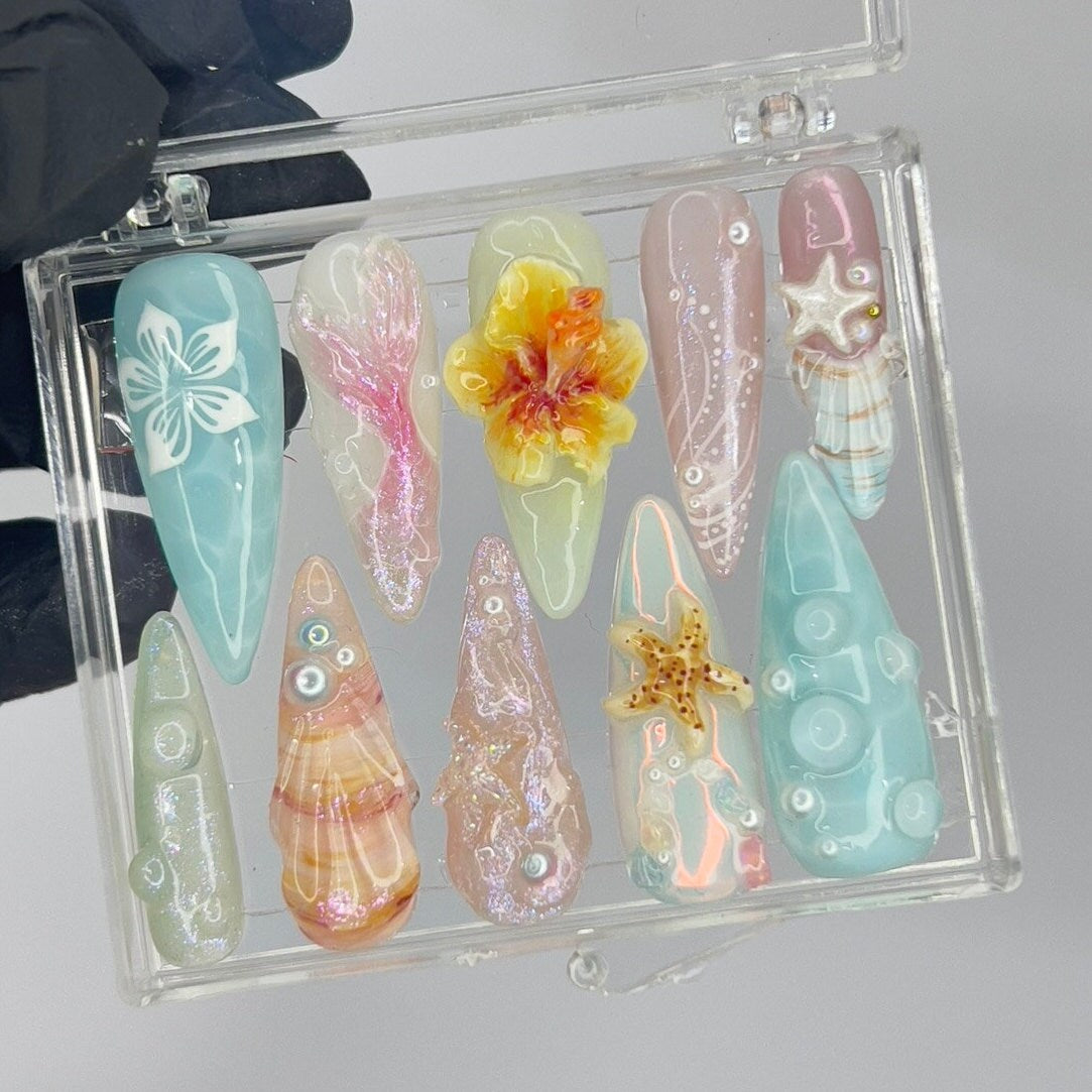Aqua and Pastel Sea Fairy Press-On Nails with 3D Flower, Starfish and Shell Details