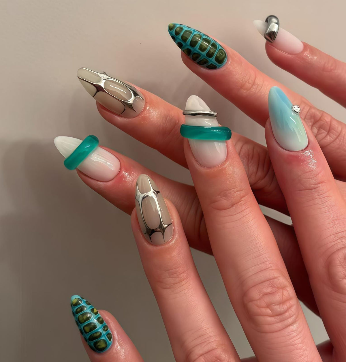 Aqua and Silver Chrome Abstract Press On Nails