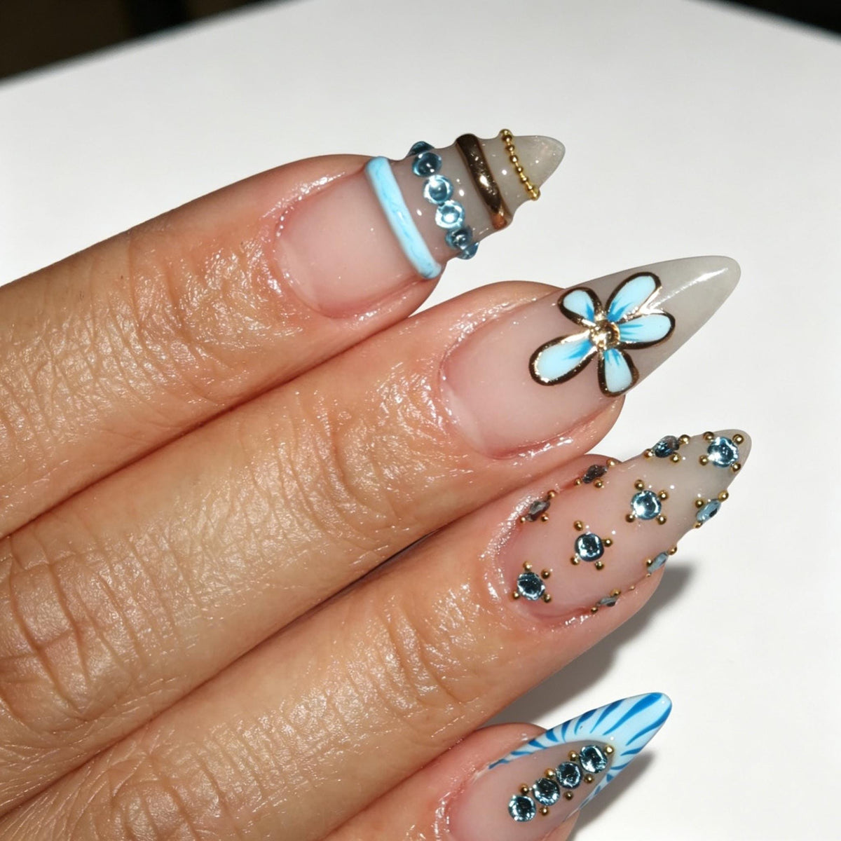 Aqua Blue Floral Rhinestone Nails With Gold Trim