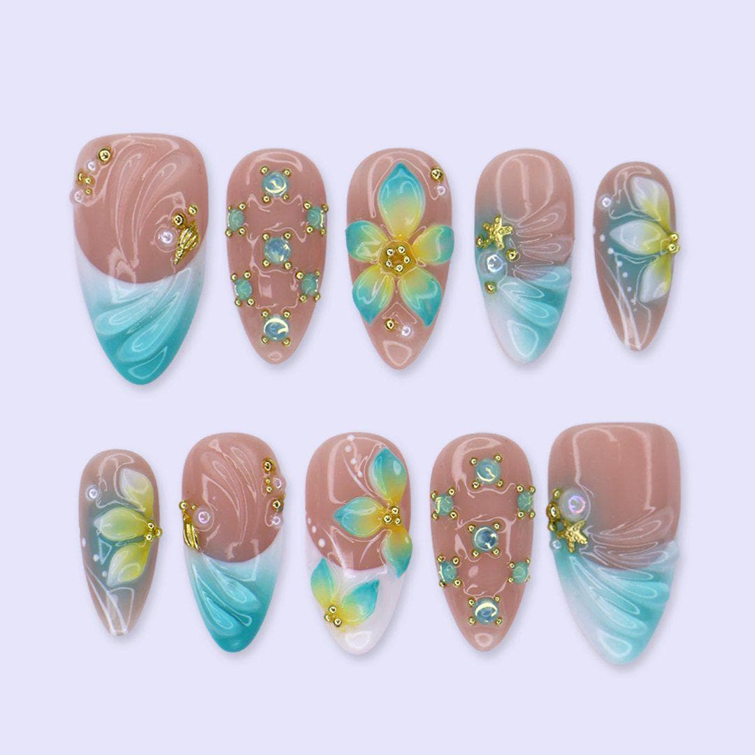 Aqua Seafoam Floral Summer Press-On Nails With Gold Accents and Crystal Details