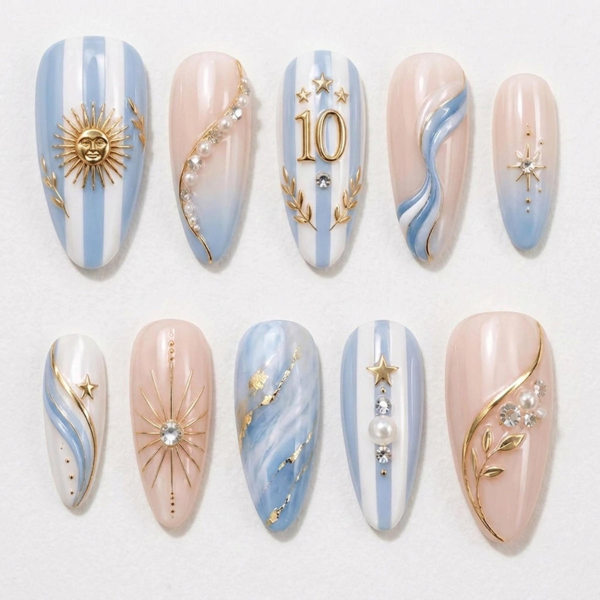 Argentina Blue and White Striped Nails with Gold Sun, Number 10, Pearls and Rhinestones